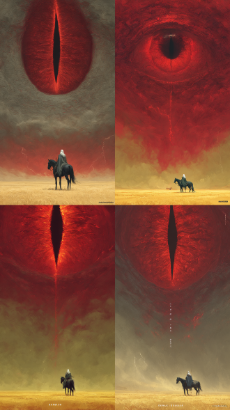 史诗级奇幻艺术，一只巨大的红色竖瞳占据画面上方，散发着不祥的光芒，纹理清晰可见。下方，一位孤独的白发修真者身披破旧斗篷，骑着一匹黑马，穿越荒芜的黄色平原。暗红色的暴风云中闪电交织，电影级构图突显红眼与渺小修真者的对比。超精细质感，氛围阴郁，色调以红与枯黄为主，灵感源自《黑暗之魂》概念艺术，8k分辨率