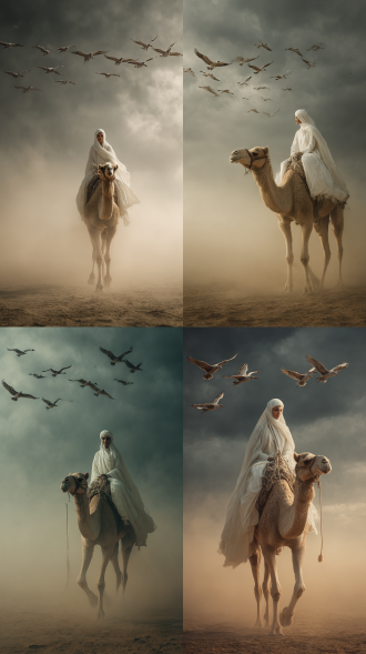 一个绝世的古装美女，身着白色衣裳，骑着骆驼，穿行沙漠之中，沙漠中尘烟弥漫，天空中阴云密布，一群大雁飞过天空。唯美，电影质感