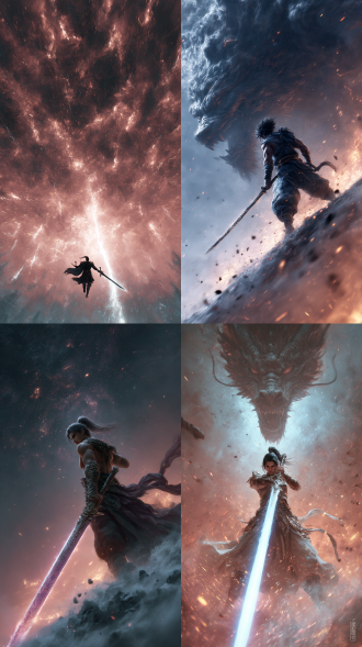 天地间，出现一个巨大的空洞，不停有凶兽飞出，到处都是爆炸，火光四溅，一名绝世强者，挥舞神剑，冲天而上，飞向空洞，抵挡凶兽，力挽狂澜，拯救世间，少年的身后，是万家灯火！他背影高大，勇往直前，各色剑气向前批出，消灭凶兽，直面大恐怖！超真人写实，电视剧风格。