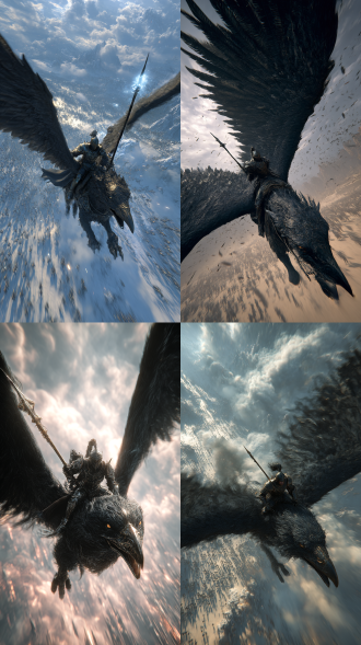身披暗黑晶甲的神龙骑士骑乘黑雾缠绕的暗黑巨雕盘旋于暴风云层之间，巨大的雕翼展开遮蔽半个天空，一骑士手持发光的黑暗长枪指向地面战场，雕羽毛散发出黑色死气，俯冲视角展现雕爪下崩裂的山峰，粒子特效的魔法能量在雕眼角处汇聚，古代东方神话风格的祥云纹饰，8k电影级广角镜头配合动态模糊渲染飞行速度感，雄姿英发。俯视角度，背景隐显千军万马状态，高角度俯拍全景构图，8k超清画质配合胶片颗粒质感，复古青橙色调渲染，动态光影勾勒服饰纹理，背景加入烟雾和沙尘元素，