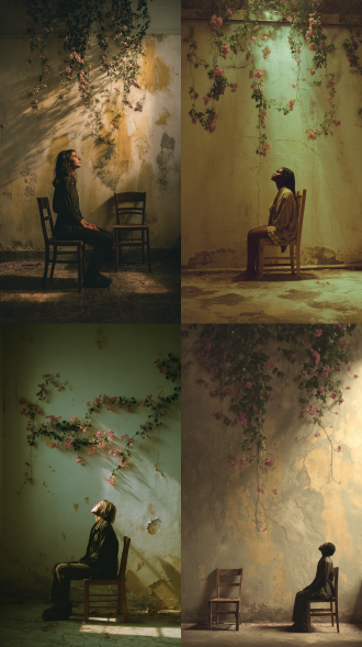 一位女子独自坐在空荡荡的房间角落抬头看向天空，木椅斜倚在斑驳墙边。电影级光影在破碎构图中游移，开满粉红小花的绿色藤蔓纹理从天花板垂落缠绕男子半脸，高饱和的黄白色调，潮湿的水渍在墙面形成抽象脉络。