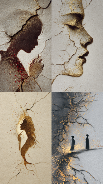 禅意沙画艺术，少女回眸轮廓与破碎沙纹共生，朱砂金箔粒子点缀，宣纸质感背景，流体力学沙迹模拟，岁月侵蚀的细腻裂痕，超现实东方极简主义