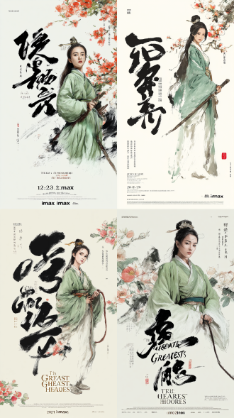 电影海报，中国水墨画风格，厚重的黑色笔触，聪慧的年轻女子，身着浅绿色丝质汉服，手持打狗棒，发髻典雅。她正在桃花岛的花园中，展现出她的机智与灵动。背景中有盛开的桃花，象征她的聪明与活泼，干净的白背景，柔软，苍劲泼墨书法“侠之大者”，底部小文字“2025.1.28 imax”,极简主义，16k分辨率