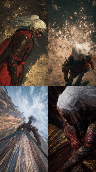 cg厚涂风格，仰镜头,强烈的对比色碰撞，惊艳，意识流，随机背景，柔和侧光渲染，写实，失真故障质感暗金色点缀，空间交错、电影镜头、(真实感: 1.5)，柔和的色彩，（鱼眼: 1.1)，全景航拍，微光，宿命感，华丽，曜变，仿佛命运的丝线正在被无情拉扯，充满了神秘而紧张的氛围。ue5渲染，电影级质感，胶片质感。修罗武神，修罗一般的面容，长长的白发无风自动，发丝凌乱，暗红色皮肤，肌肉纹理样式的战甲，充满张力，傲然伫立，砼核风格，工业化风，东亚重工，重型机械大场面