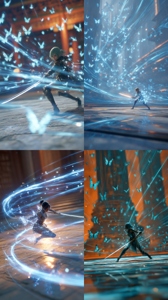 一名身手矫健的女性侠在地面上蓄力，刀身反射出耀眼的寒光，散发出肉眼可见的杀气腾腾，由大量的粒子彩蝶组成的能量流动至布满全身，身体周围环绕着湍急且极具动感的蓝色气流，动态模糊，径向模糊，边缘模糊，大量紧贴人物动作的锐利速度线。建筑纵深引导线构图方式。 bjd质感+肌理感，ue5渲染，真实渲染，雾化光源，虚实反复穿插，非传统构图的艺术，耀变并反射，微光。橙绿色暖调。