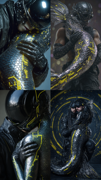 一位穿着赛博黑衣、戴着赛博朋克科技尖锐黑头盔救世主男cos捧着一位机械人鱼姬cos，身体是极繁机械改造的+纳米科技蜂窝肌理+金属光泽长尾，其表面有序列号等未来感的黄色线条符文。处于cyberspace之门中，赛博朋克风格，特写镜头，科幻氛围