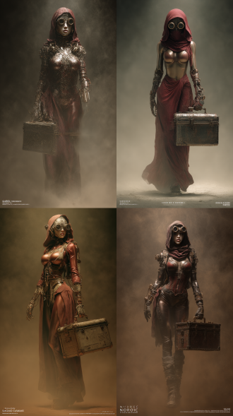 超写实，正面，真人拍摄，女性，蒸汽朋克风格的机械姬，炼金术，术士，炼金术科技，紧身衣，兜帽，护目镜，背着蒸汽朋克风格金属箱，旅行者，异乡人， 极繁主义，服装与液态金属皮肤完美结合，色彩丰富，构造精密，仿生机械，外形丝滑圆润，动态优美，干净无暇的皮肤，高清皮肤纹理， 山海经幻想录，神秘氛围，不对称构图。末日降临，末世朦胧，沙尘暴，昏暗昏黄画面，透露出阴沉的氛围，梦幻感，古典主义美学的氛围感和层次感，暗黑奇幻风格, 虚实反复穿插, 非传统构图的艺术, 动态液态, 丝绸质感, 粒子雾, 层次感, 超现实主义美学, 颓废治愈氛围, 光影戏剧化, 弥散渐变, 虚幻5引擎，hdr写实质感，不合逻辑，珠光，反光，暗夜，抽象，意识流，梦核，光线暗、能见度低，有噪点暗角。艺术感强。画面有辉光、耀光、雾感，融合惊悚与梦核元素，梦核美学，从错误中寻找创意，对现有系统的颠覆与重塑，强烈的光影对比，仰镜头,强烈的对比色碰撞，惊艳，意识流，柔和侧光渲染，写实，空间交错、电影镜头、(真实感: 1.5)，柔和的色彩，微光，宿命感，华丽，曜变，ue5渲染，电影级质感，胶片质感。