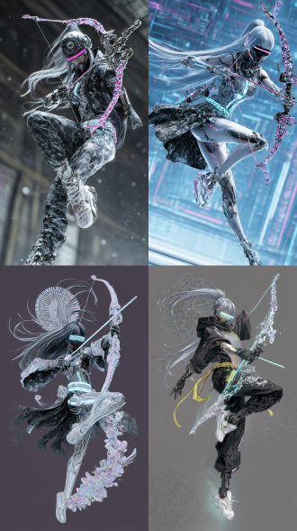 冷俊少女，雾霾灰色长发及腰，做出高踢腿的动作， 半机械半机甲造型，面罩可变形结构，高科技半边镜片显示屏，射箭战斗状态。胸口镶有反应堆量子核心亮光特效，腰部束带采用莹光电路纹理。手持花纹缕空莹光能量等离子缠绕光箭，闪避跳跃拉满弓，弩机展开时呈现榫卯解构动画。8k超高清画质，真实电镀金属质感，黑白色丝绸质感披风，蒸汽朋克废土建筑背景，模拟宝石部件的透光效果。