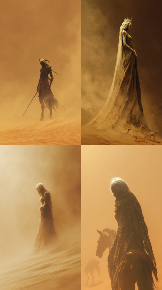 沙尘暴滚滚而来，沙尘暴的最顶部是幽冥鬼王，也是由沙子组成，身姿曼妙，美女与沙尘暴融合的天衣无缝，美女高高在上，无悲无喜，十分神圣，俯视下面的人，下面成百上千。沙漠动物在敬仰和崇拜她