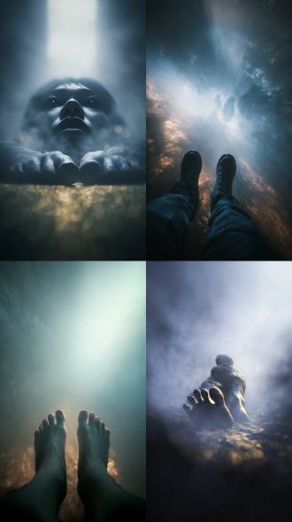 真实皮肤质感，情感捕捉，大俯视图，强侧光，极端低角度仰视足底视角，极端透视，水平视角，脸部光亮清晰。高对比度，50mm f/1.4 ，神秘唯美氛围，大雾天气，模糊背景，超高清32k，大师级摄影艺术杰作。 在赛博水墨融合梦核美学的场景中，以ue5与oc双引擎渲染的3d写实风格呈现超高清36k画质的画面，人物主体处于画面中，有伦勃朗光、侧光与侧逆光打造光影效果，超广角与近距离聚焦等多视角切换，镜头运用透视模糊、多重曝光和1.1强度鱼眼效果，画面有粒子发光、圣光雾感、色彩渐变、光影拖曳等特效，叠加曜变釉质感与失焦朦胧感，整体低饱和灰调，以青蓝色为主、暗金点缀，氛围神秘奇幻又温柔，人物面部受光清晰，周围背景虚化