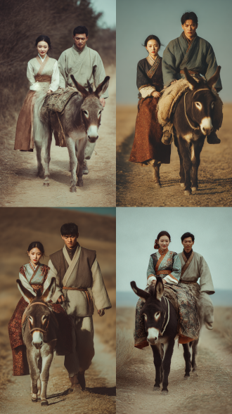一位面容美貌、身穿民国中式传统西北风格服饰的年轻女子骑在毛驴上，一位英俊憨厚、肌肉结实、身穿传统西北汉子服饰的男子牵着毛驴，两人从荒野土路走来，画面为具有超现实氛围的场景，真实摄影、超现实主义风格，脸部特写，神秘、温馨、民国风情，8k分辨率、清晰、渲染效果好、极致细节丰富细腻、表情丰富