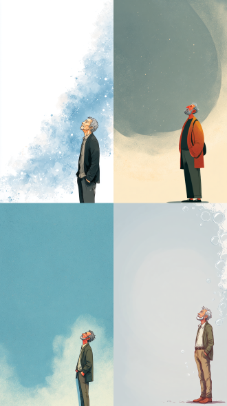 “时光不老，消磨过，最是光阴化浮沫” 配人物图，一个中年男人，胡子拉碴，满脸皱纹，沧桑，压力山大，双手插兜，抬头看天，大面积留白，层次感，空间感，国际化，营造典雅，舒适，精致的感觉，极简设计，惊艳排版，文字正确，封面设计。