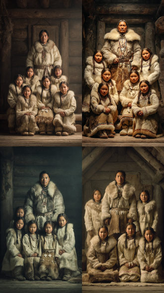 年轻的爱斯基摩族长和他的妻子站在上方，族长穿着经考古验证的皮草衣服并配有彰显身份的配饰，表情坚毅，妻子穿着有骨/象牙装饰的精致动物皮裙，神情温柔，六个18 - 20岁的爱斯基摩女孩作为族长的女儿跪在两侧，面容迷人且略带红晕，身姿优雅，穿着细节精致的衣服，表现出恭敬的样子，场景为精心复刻的遵循历史和考古细节的古代爱斯基摩风格大厅，摄影风格，全景，庄严温暖、有历史感，8k超高清