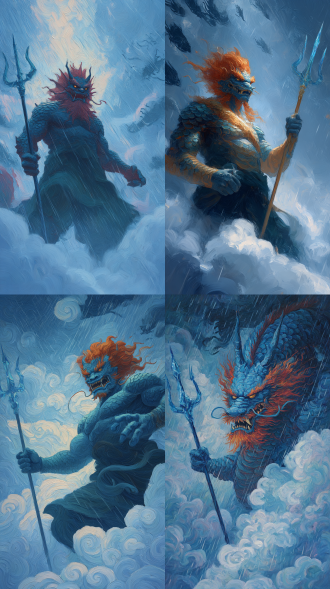 东海龙王，人身龙头，老人形态，体型巨大魁梧矫健，站在厚厚的乌云之上，面如碧青，赤发獠牙，身上布满了厚厚鳞片，左手高举着一把蓝水晶一般的三叉戟，身后跟着许多黑色的巡海夜叉，周身蓝色水雾缭绕，画面是瓢泼大雨，倾盆大雨，朦胧，幻境。极低视角仰视，丙烯涂料，超奔放笔触，超现实主义与表现主义结合，神仙解构，景深感强烈，动作夸张威严霸道，体型巨大，有强烈压迫感。图片风格为cg 厚涂，