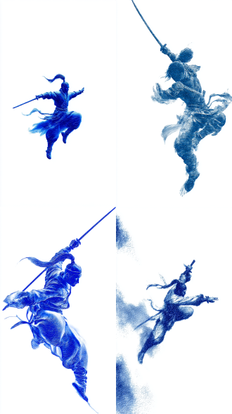 全画幅复古白色背景，带有皮革纹理，中心有一个极小的克莱因蓝色中国刀客淩空搏杀水墨晕染拓印，具有立体感，图形动态模糊，流畅潇洒，极致主义风格，极致细节，完美对称构图，极致质感，uhd，8k hdr，完美构图，高反差