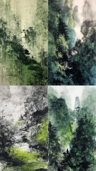 空山不见人，但闻人語响。返景入深林，复照青苔上。笔墨恣意揮洒，中国画风。梦幻，似见似不见，象与不象之间。抽 象。