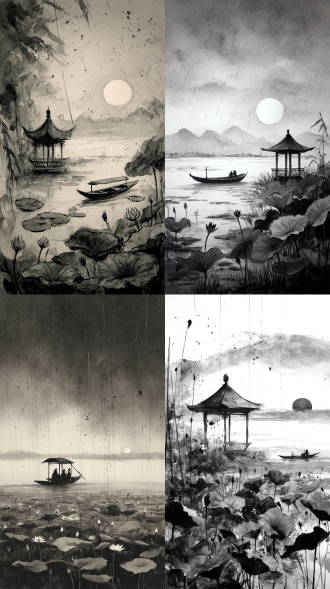 人别小楼上，舟行细雨中。水墨渲染，挥毫泼墨，疯狂，虚幻，如醉如痴如梦如狂。在下角改为一簇荷叶和荷花。遠处是太陽和朝阳