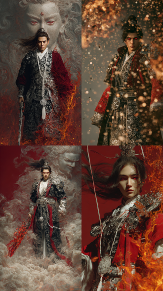 身穿红色长袍铠甲的神明钟馗出场，左手撑地，目视前方，呈现白日飞升，发丝飞扬，身穿黑色银色花纹的复杂华丽西装内衬白色衬衫+银色细链有恶鬼图案吊坠自然垂落符合自然规律，身后是一个巨大的完全由火焰粒子组成的恶鬼头像，尘土飞扬，震撼，大师杰作，右手有火焰燃烧，眼神冷冽，红色眼睛白底眸光，火焰粒子洪流遮挡前景，细节拉满，电影级特效，ue5渲染，女性特征明显，伦勃朗光，阴影，