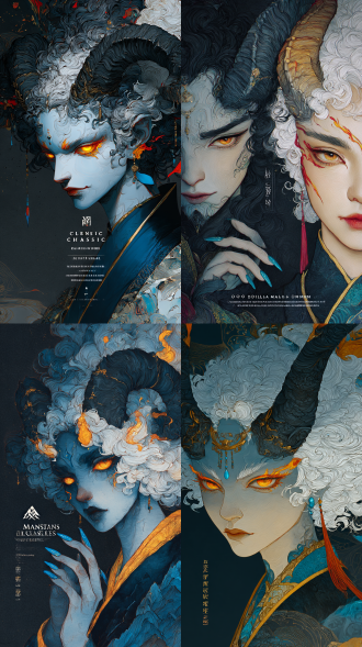 中式怪诞风格，水墨质感，工笔勾勒，如梦如幻，展现神话与传说的神秘感，线条水彩混成，神秘元素，色彩纷呈，创意背景，丝丝刻划，精细入微，山海经奇景，宏伟震撼，俯拍，色彩鲜艳丰富，国潮元素，中式配色，细节精细，视觉冲击，自然光感，高清色彩颗粒，忘川河畔,,诡异的气氛，奇幻，线条柔和，高清，造型夸张，大胆的线条勾勒 ，灵异，大师级构图，杰作，8k，超清，人物近景特写，阴郁病娇，阴暗国风，展示两个幻想的恶魔人物与高细节。 -左角色：一个蓝皮肤的恶魔，黑色弯曲的角上装饰着金属的细节，卷曲的黑发，发光的橙色眼睛，带金色点缀的蓝色指甲。背景是黑暗的，戏剧性的灯光增强了神秘的气氛。黑蓝色长袍，华丽的， -右人物：浅肤色，白色卷发，火红橙色的角，脸上和脖子上有红色火焰状的纹身，发光的橙色眼睛，额头上有一个复杂的黑色装饰。冷色和暖色的对比，以及细致的金属配饰。蓝色长袍，华丽的， 两人都拿着长战戟武器,背对背，仰视镜头 整体风格：黑暗幻想美学，充满活力的色调，电影般的灯光，复杂的细节，在艺术家的风格深饼，视觉冲击力