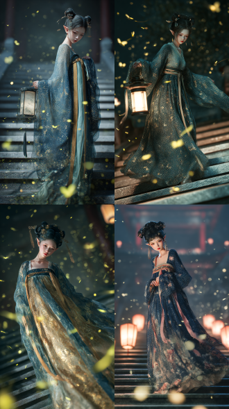 交领汉服，素雅轻纱，蜜合，黛蓝，茶金，复古纹样，绝世美人，17岁，精致双鬟髻，两绺发束，丝带，提着灯笼，步下台阶，窈窕身姿，精灵一般，隐有笑意，雾气弥漫，近景，静谧的夜晚，清幽竹林，漫天萤火，微风吹拂衣摆，长长的青石台阶，仰拍，近景失焦遮挡，浅景深，朦胧渐变，长焦，复古，大景深, 伦勃朗，复古，色彩鲜明，氛围感，故事感，淡彩，3d建模，油画质感，oc渲染，柔焦，写实，透明感，大师级构图，景深，动态表情捕捉，低饱和淡彩。女，东方风格宗主级设计，身后复杂符文光轮快速运转，动态模糊。漂浮城市上空，远处大都市背景，ue5渲染，3d渲染，细节拉满，质感厚重，眼眸深邃发光，动态美学，优美的人物形象，符文漂浮，对称构图，人物正对镜头，神圣，瑰丽，精灵族的女王，魔族的魔王角，微微抬头，视觉压迫感，酸性风格，营造出独特的视觉感受，黑银，炫光特效，ue5渲染，模糊处理，暗调，恢宏史诗级震撼美学，oc渲染，c4d，高分辨率