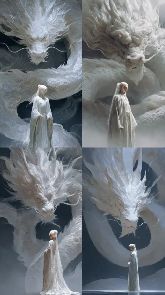 主题：神秘龙与身穿华丽服饰的角色 主体：身穿白色华服的人物站在巨大白金色龙前，姿态优雅庄重; 风格：细腻雕刻般的质感表现神话生物与人物之美；整体色调冷峻神秘充满幻想氛围; 构图：中景突出人像居于下方而巨兽盘踞上方形成视觉焦点层次分明且富有冲击力; 光影：深邃背景衬托出前景主角轮廓鲜明立体感强同时营造梦幻般朦胧意境。 高清晰制图效果，唯美意境