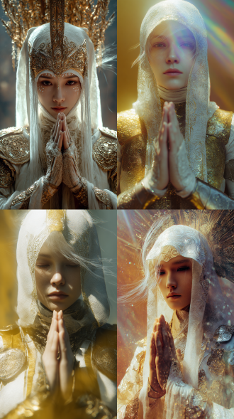 慈悲的女使者，面容绝美姣好，头戴白金色兜帽，兜帽上对称锦绣图案，锦绣轻纱面巾，锦绣贴片轻甲，双手结印，召唤法相，身后巨型法相虚影，全身特写，胶片摄影风格，对焦模糊，有金色强侧光、伦勃朗光，呈现绚丽多彩色调，高曝、过曝、暗调，强烈明暗对比、高反差，碎发丝飘起，神态慈悲，有肌理质感，情绪氛围感拉满，奇特视角，胶片颗粒感，慢快门，朦胧美学，层次感，中式梦核、聊斋风格，庄严神圣