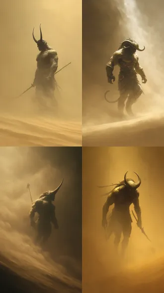 黄沙漫天中，呈现战斗姿态的黄沙老祖，周身肌肉线条贲张，头顶独角闪烁着神秘的幽光，狂风呼啸，黄风大作，营造出诡异又震撼的氛围