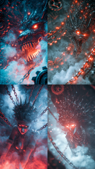 黑白无常，朋克风格，幽冥地府场景布满齿轮与管道，火焰燃烧，锁链缠绕发光武器，尖锐的机械獠牙，瞳孔透出红色能量光，超高清8k分辨率，电影级光影质感，冷色调烟雾弥漫，金属表面油渍反光，腾云驾雾，神话，神仙洛神，头戴华丽头饰，如梦如仙，胶片模拟，高清，电影灯光，眼部装饰着星辰，轻透蓝底，美白效果，8k，手臂上戴着镶钻手镯，云雾萦绕氤氲，凶煞，战斗姿态，身手敏捷