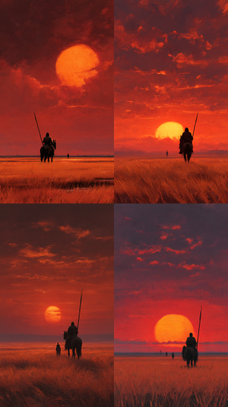 一幅充满意境的画面 ，画面一半的面积都是深橙红色的草原地面，横向大笔触微微泛光。远景极小的一人剪影独立，正中是一轮超级巨大明亮的红色夕阳，夕阳占大部分画面，天空有火烧云翻滚，遮住了部分夕阳，营造出宁静、孤独又浪漫的氛围，像是在诉说独处时与月色交融的思绪。一人一马持一长矛孤独寂寞的望着天空，整体画面色调偏暗，营造出孤寂、宏大氛围。高清摄影大图，8k
