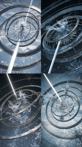 裁决神使，浑天仪，人物漂浮在几个金属嵌套式的圆环中央，倾斜构图，巨大的银白色光剑从画面斜上方直插地面作为前景，液态透明玻璃材质，曼陀罗般的多维空间构图，叠加态日月同辉，随机pose，修长，危险，像凝固的冰晶，速度感，力量感，炫酷，纤维状发光长发像流动的水波，易碎，艺术品设计，大师，高级，美丽，融合自然元素，过曝，纤细，金属反光，凝固的冰晶状态雪花背景，星盘，金属光泽的细线构成的多个圆圈，创世纪，天地初开，闪烁的星芒点缀，设计感，清晰的细节与纹路，8k高清，cg质感