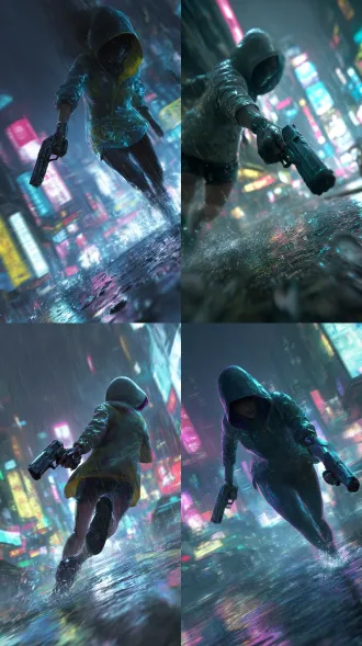 一幅充满故事感的赛博朋克概念艺术插画，描绘了一个下着倾盆酸雨的深夜都市巷弄，动态模糊效果，一名穿着荧光涂层风衣、头戴兜帽的女性角色（面容隐藏在阴影中，只见下颌线和赛博格义体下巴的冷酷金属光泽）正疾步奔跑，溅起地面积水，形成动态的水花，她的右手紧握一把未来派手枪，枪身上有复杂的电路纹路并在雨中微微发光，近景特写，一个极端低角度的荷兰角镜头，紧随她的脚步，赋予画面强烈的动感和紧张悬疑的氛围，画面焦点被严格控制在她手中的枪和溅起的水花上，这两个元素拥有最高级别的清晰度和细节，你可以看清水滴在枪械金属表面的张力和反射出的周围霓虹灯光，而奔跑中的角色身体、风衣，甚至更远处的景物，都有不同程度的速度模糊和动态模糊效果，背景是高耸入云的摩天楼，楼体上布满了巨大、闪烁、但因雨幕和景深而变得模糊不清的全息广告牌和霓虹灯招牌，这些光源穿过雨水，在潮湿的地面上投下长长的、扭曲的、色彩饱和度极高的倒影，形成了强烈的视觉引导线，指向画面的前景，光线效果：黑色电影般的硬光与赛博朋克的霓虹光污染相结合，高对比度，暗部细节丰富，亮部则有轻微的过曝和镜头光晕，主色调为赛博蓝、品红和冷白色，营造出冷酷、疏离又充满活力的未来都市感，专业数位板绘制，带有明显的笔触感，强调光影而非物体本身的精确轮廓，分辨率8k，旨在捕捉一个瞬间的动作，而非一个静止的场景。