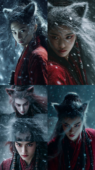 电影写实中国神怪，山海经，全景，东北五大仙中的红仙，狐狸长相，女性角色，狐狸特征，狐狸尾巴，妖媚眼神，中国古代盘发，形似舞娘，眼神带点凶狠，身材婀娜多姿，身上带有妖仙气，带着黑色麻布护腕，红色麻布衣服，通过面部神态精准呈现，写实风格暗黑，超清画质32k景深，自由构图，光影交错，高细节，凌乱的头发，蓬松飞扬，细闪，正面，头饰，发丝飘荡交织，雪鬼的毛发飞舞，露出了冰蓝色的肌肤与惨白的眼眸，四周的阴冷气息浓郁无比，让人完全不敢靠近，渐变异常，粗糙纹理，背景混乱，雪花飘落，红发，随机动作，中式怪诞风格，不和谐构图，寒冰之王