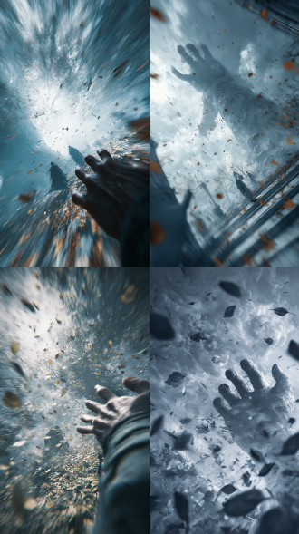 奇幻写实风格，神明世界里狂风呼啸，空间扭曲变形，巨手带着强大的气势降临，各样有形的气流顺着人物面对的方向汹涌而去，散发着丝丝杀意，风卷着残叶，仿佛要将面前的一切都摧毁，画面采用侧视角，以冷色调为主，增强画面的冲击力。动态模糊强化携带速度线残影，超广角强透视构图，动态模糊边缘虚化，强烈胶片颗粒与高噪点质感，弥散晕染的暗部层次，张力十足，压迫感，细节生动完美。 威胁压迫感，极其震撼的一幕，光影彼此交织错杂的梦幻感，朦胧，过曝，双重曝光，电影级构图，视觉冲击，8k画质，超清，极致细节，极致刻画，清晰的线条，高对比。