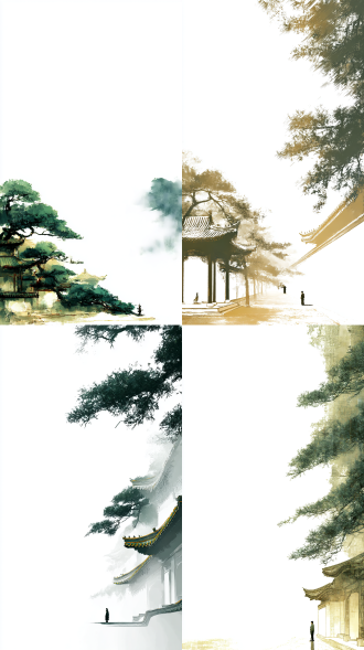 电脑壁纸，极简主义，地面到画上画外巨高的一线空间，矛盾空间，古松影元素，古建筑上翘屋檐，纯白色背景，#daa45a色+绿+黄+白色的配色，东方意境，模糊的，肌理磨砂，通透，缥缈，虚幻， 极其渺小的人物