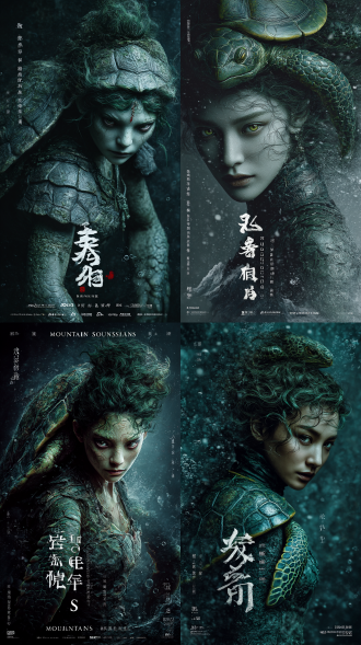 电影写实中国神怪，山海经，全景，海龟精怪怪长相，背上长有龟壳，女性角色，身上有海龟特征，妖媚眼神，形似舞娘，眼神带点凶狠，身材婀娜多姿，身上带有妖仙气，身上穿有龟甲，通过面部神态精准呈现，写实风格暗黑，超清画质32k景深，自由构图，光影交错，高细节，凌乱的头发，蓬松飞扬，细闪，正面，绿发，露出了冰冰绿色的肌肤与惨白的眼眸，四周的阴冷气息浓郁无比，让人完全不敢靠近，渐变异常，粗糙纹理，背景混乱，气泡飘飞，深水环境，随机水中游弋动作，中式怪诞风格，不和谐构图，深水寒潭王者