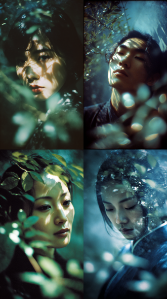 上田义彦风格人像摄影，kodakchrome64胶卷，治愈氛围，自然静谧气息，呼吸感，中式梦核，禅意新中式，透过树叶的光斑，极致光影美学，光斑，中西艺术融合，细腻胶片颗粒感，非常规构图，清冷调，无意识背景，动态模糊，前景虚化，浅景深，高对比高饱和色彩，褪色记忆，氛围光情绪映射，杰作