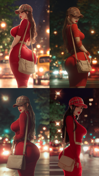 一位丰腴有好身材的葫芦形身材s型曲线女神，长发、头戴格纹棒球帽，身着红色紧身上衣与红色紧身包臀阔腿裤，斜挎卡其色皮带包，站夜晚城市街上，背景有闪烁的街灯、行驶的车辆和模糊的树木，营造出都市夜景氛围感 。高清，红唇，超高清，侧后背拍摄仰视角度拍摄，暗黑系渲染