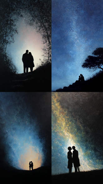 霸气黑，逆光，空灵，夜空下的约定，意境深远。色彩饱满，笔触细腻，丙烯渲染～油彩，右下依偎在一起的情侣背影，写实