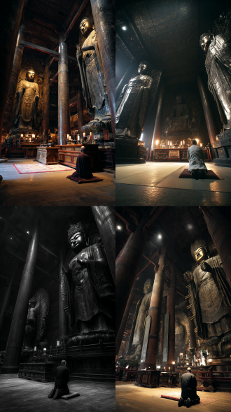 森严肃穆的寺庙大殿内，仰视角度，几尊高大的菩萨塑像向下俯视，巨大塑像面部因微弱的反光而显得威严而神秘，压迫感，背景黑暗，丁达尔效应，精细刻画出光线明暗的强烈对比，供桌前一个僧人正跪在蒲团上匍匐礼拜，被塑像映衬得卑微而渺小 伦勃朗油画写实主义，风格暗黑