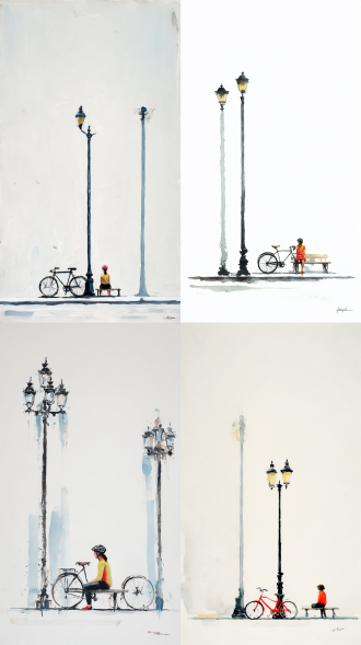 极简水彩画，平面化叙事，居中构图的竖排大写意灯柱，极简笔触的自行车斜靠着，浓墨重彩的骑行女运动员坐在长椅上，大面积留白，米白色干净背景