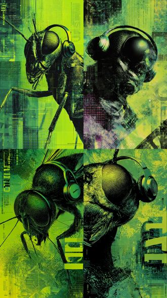 大师级排版，极繁主义，半调图案，杂色，丝网印刷质感。重叠边缘色彩渐变，同位色渐变色系，点线面层次分布。 蒸汽朋克风海报场景：背景以绿色为主色调；主体是黑色蚊子的头部巨大形象，头戴科幻耳机，画面布满多语言文字信息、巨型艺术化字母与细节元素，整体通过高对比色彩、文字与潮流视觉符号，头部营造出充满个性与未来感的赛博朋克氛围，突出科幻风格的融合冲击。 出一种动态立体感效果的画面。3d渲染。4k