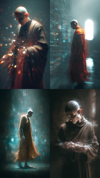 图片中僧人保持动态模糊，数字矩阵中交织着噪点与频谱美学。超现实主义。幻想。暗黑美学，生物学，实验，数字，函数。模糊处理，暗调，恢宏史诗级震撼美学，oc渲染，c4d，高分辨率。宗教，神话，幻想。光线追踪，动态模糊，景深，超现实主义，深灰，画面通过细腻的丰富的色彩层次塑造主体与场景，质感真实，暗黑风背景的光影效果营造出氛围，整体兼具艺术幻想感，夸张的广角透视效果，耀光，反射，