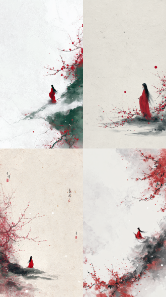 大面积留白，白色肌理背景，极简风格，中式美学，极简，大写意，简单的画面上意外飞溅一笔淡淡红绿墨水瀑布梅花，禅意，梦境，玄幻，创意，极小的人红衣长发，仙侠水墨，构图感强，低饱和度，