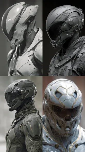 在一个巨大空间的实验室里，设计一款十分修身的未来战斗机甲，包裹十分严密，头盔轻便细小但结构非常复杂，不露脸，细节丰富，几乎贴近皮肤的厚度，但依然比现代机甲要轻巧，实用，坚固。尤其是用在女战士身上，颜色要适合隐蔽生存。并且能在外太空的恶劣环境也通用，在战场上，能模块化组合不同的求生道具和武器都十分齐全。整体设计风格十分冷峻，复杂，极具压逼感。