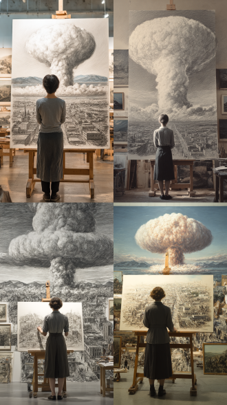 图中人物站在一幅与她穿着打扮一致的素描画前，素描画置于画架上，背景为室内画室环境，摆放有其他画作 。写实风格，高空俯视视角，二战期间，原子岛在日本爆炸，腾起巨大蘑菇云和冲击波，整个城市成为废墟，场景宏大震撼