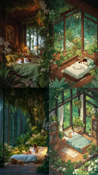 一间绿意盎然的卧室，有花有绿叶包围着，木制装修风格，室内家具齐全，极致细节，大大的落地窗，窗外绿色植物茂密，卧室床上有个女孩，躺着睡觉。小比熊也趴在床上睡觉。室外下着大雨，深夜，室内暖光灯。