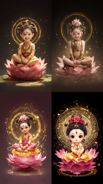 一个中国古代5岁可爱的小童女盘坐在莲花的莲蓬上，童花头，面带微笑，皮肤白里透红，大眼睛，眼睛特别有神，眉心有红色印记，穿肚兜，双手戴金色手环，双手放在膝盖上，脑后有金色光轮，漂浮着金色发光粒子，神圣，莲花粉色透明，光线跟踪，8k，高细节