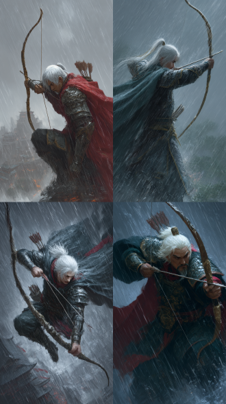 箭雨巍然：白发将军张角弓仰射，铁甲肩吞隆起如山，箭矢轨迹穿透雨幕，脚下积水倒映城楼火海，披风吸饱雨水
