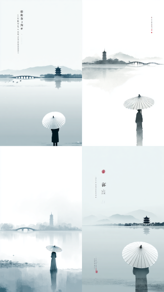 艺术海报设计，极致抽象极简，远处隐约可见灰白色西湖断桥雷峰塔水墨画，底部极小白素贞撑油纸伞的背影，版式高级，精准构图，大气，高级，特别，青灰白配色，晕染渐变，留白艺术，对比，无文字，没有多余的元素和线条，极简主义