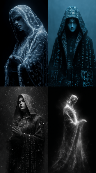 设置一个纯净的单色背景，描绘一位被发光的魔幻服饰所包围的人物，服饰上装饰有精致的符文和经文，它们不仅增加了服饰的美感，也赋予了它生命力。人物的眼神坚定，仿佛在面对未知的挑战。整个画面充满了压抑和沉闷的气息，通过3.1模型展现出高度的抽象艺术感和独特的魔幻氛围。